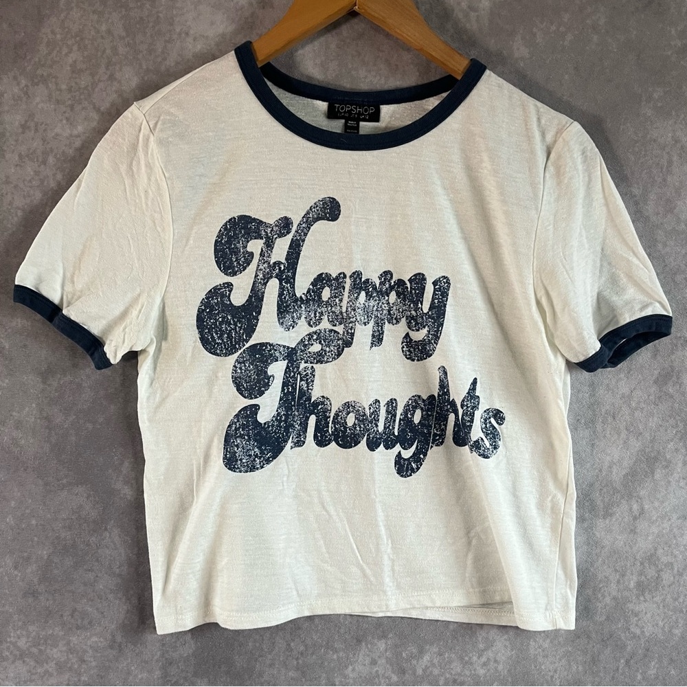 Happy Thoughts Womens Tee‎ Shirt White w/ Blue Trim Short Sleeve Crew Neck US 8